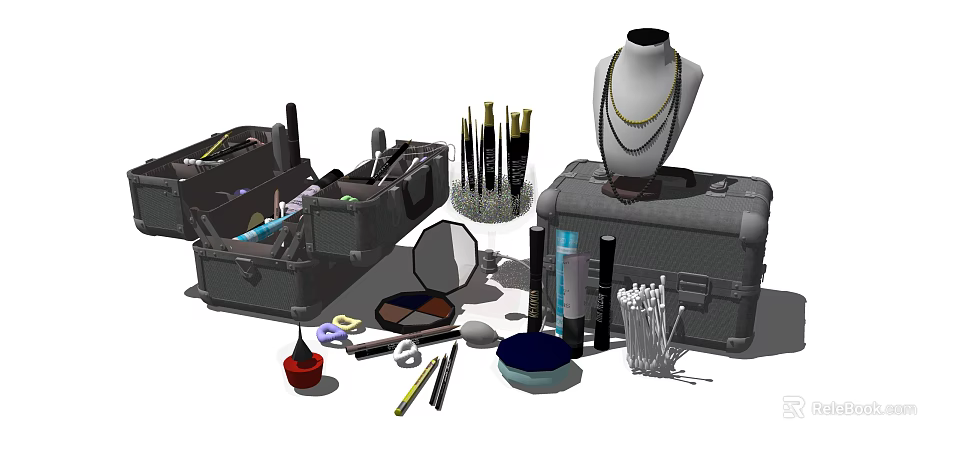 Perfume Cosmetics With Open Makeup Case Brushes Tools And Mannequin 3d model