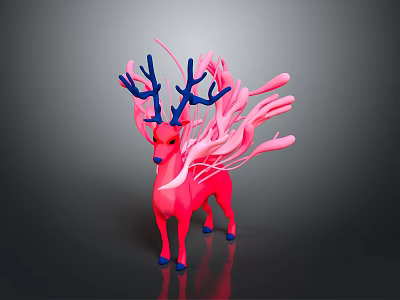 Vibrant Pink Deer Figure With Blue Antlers And Flowing Pink Elements 3d model
