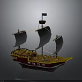 Pirate Ship Model With Black Sails Yellow Bow And Brown Hull On Gray Background