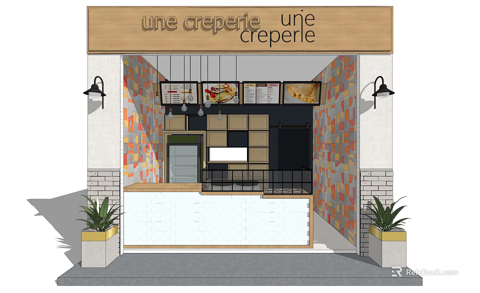 Creperie Shop Interior In Mall With Colorful Mosaic Walls White Counter Plants And Decorative Lights 3d model 