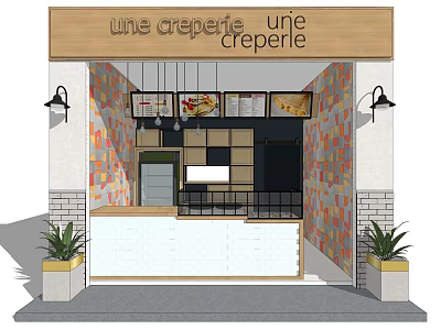 Creperie Shop Interior In Mall With Colorful Mosaic Walls White Counter Plants And Decorative Lights 3d model