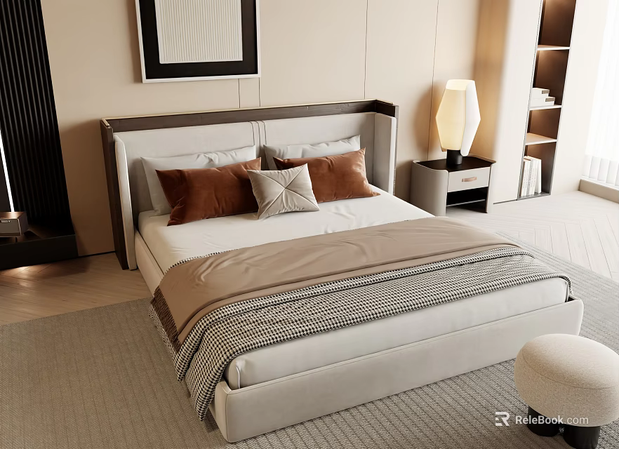 Modern Double Bed Interior With Upholstered Frame Brown Beige Pillows Striped Blanket And Nightstand Lamp 3d model 