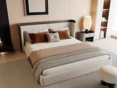 Modern Double Bed Interior With Upholstered Frame Brown Beige Pillows Striped Blanket And Nightstand Lamp 3d model