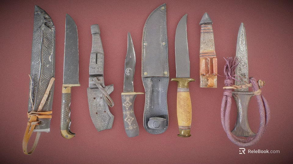 Vintage Knives and Daggers Collection With Various Handles and Blade Designs 3d model 