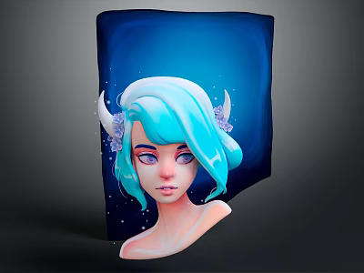 Ethereal Female Character With Light Blue Hair And Decorative Horns On Dark Blue Starry Background 3d model