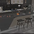 Modern Kitchen Interior With Stylish Bar Counter Marble Top And Wooden Bar Stools