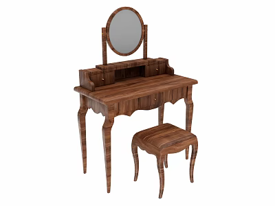 Wooden Dressing Table with Round Mirror and Matching Stool Classic Design 3d model