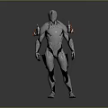 Futuristic Humanoid Character 3D Model With Silver Metallic Body And Shoulder Flame Elements