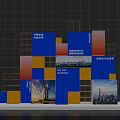 Colorful 3D Structure With Blue Yellow Red Blocks And Cityscape Images On Dark Grid Wall