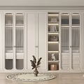 Modern Light Colored Wardrobe Design Featuring Glass Doors Shelves Drawers And Potted Plant