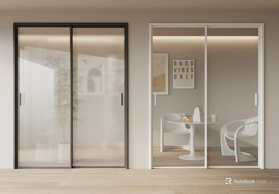 Modern Interior Featuring Stylish Glass Ribbed Folding Doors And White Decor Furniture 3d model 