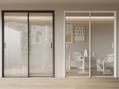 Modern Interior Featuring Stylish Glass Ribbed Folding Doors And White Decor Furniture 3d model