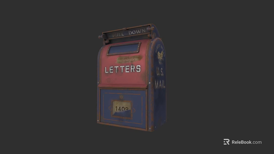 Vintage Red Blue Mailbox With Letters Slot And 1400 Number Plate 3d model 
