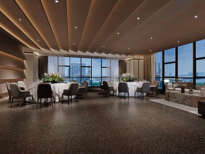 Modern Elegant Restaurant Interior With Dining Tables Chairs Large Windows And Flower Arrangements 3d model