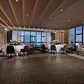 Modern Elegant Restaurant Interior With Dining Tables Chairs Large Windows And Flower Arrangements