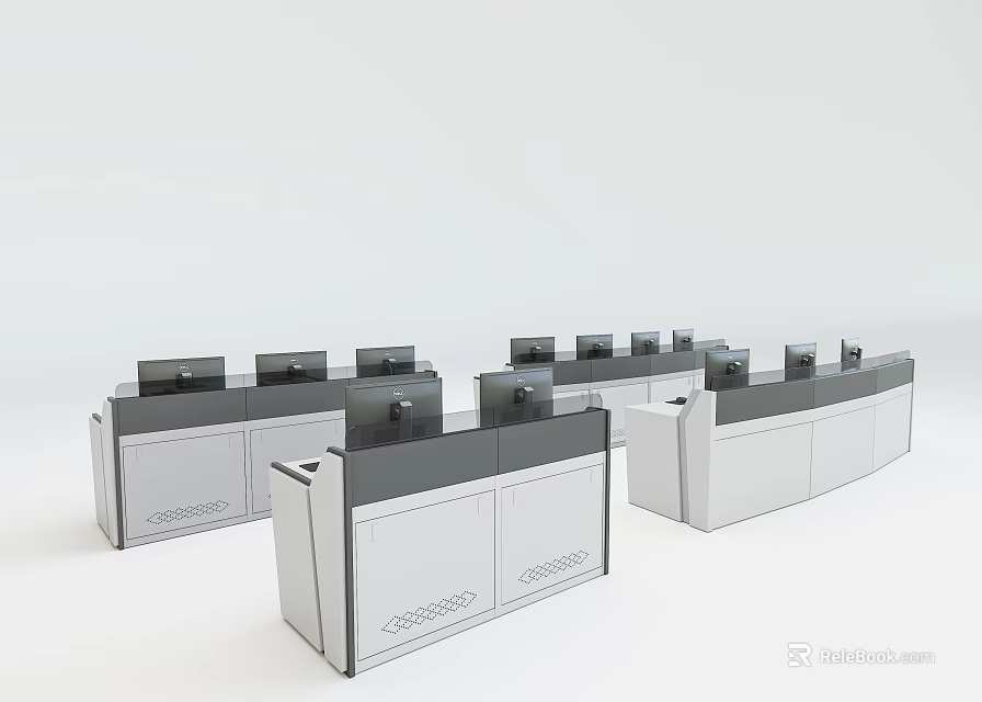 Modern Office Desks with Computer Monitors and Workstation Setup in Office Workspace 3d model 