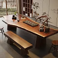 Traditional Chinese Solid Wood Tea Table and Chairs with Bench Stools and Tea Set 3d model
