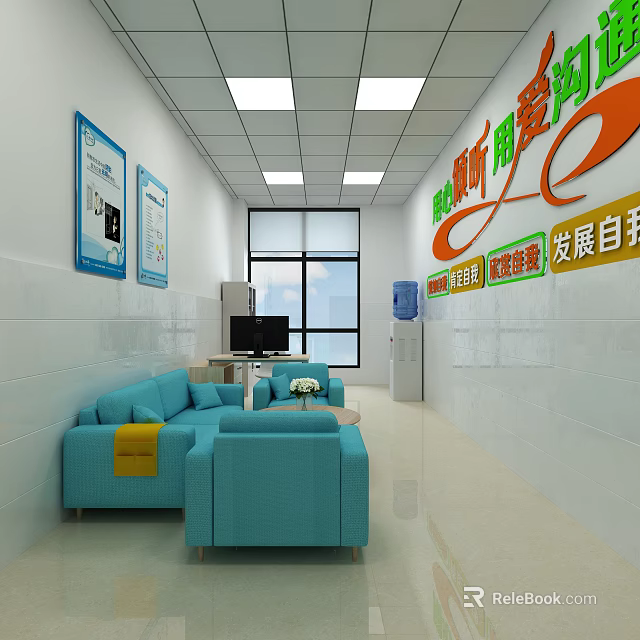 Modern Reception Area With Blue Sofas Coffee Table Wall Posters Water Dispenser And Window 3d model