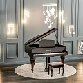 Musical Instruments Art Supplies Black Piano With Illuminated Music Notes Round Rug And Wooden Floor