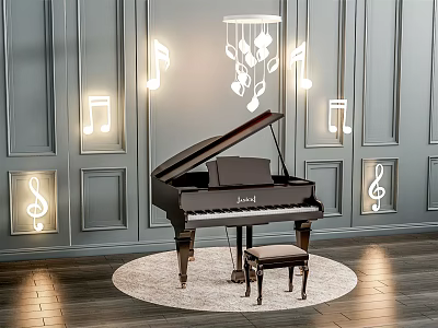 Musical Instruments Art Supplies Black Piano With Illuminated Music Notes Round Rug And Wooden Floor 3d model