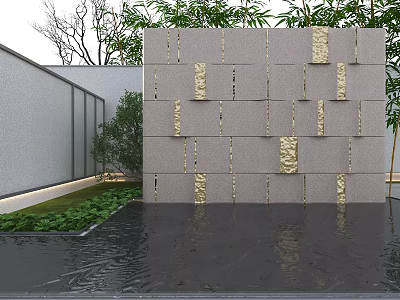 Modern Grey Feature Wall With Gold Decorative Blocks Lush Greenery And Reflective Water 3d model