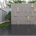 Modern Grey Feature Wall With Gold Decorative Blocks Lush Greenery And Reflective Water