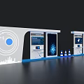 Modern Exhibition Island With Digital Screens Cones And Tech Display Elements
