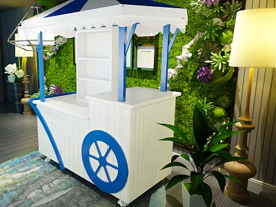 White And Blue Functional Cart With Canopy Wheels And Green Plant Wall Decor 3d model