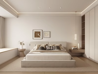 Modern Minimalist White Beige Bedroom Interior With Bed Nightstand Artwork Pendant Light Wardrobe Carpet Window 3d model