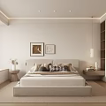 Modern Minimalist White Beige Bedroom Interior With Bed Nightstand Artwork Pendant Light Wardrobe Carpet Window
