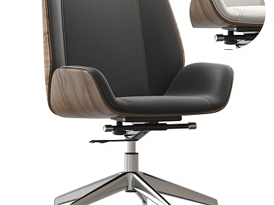 Modern Black Leather Office Chair With Wooden Armrests And Metal Base 3d model