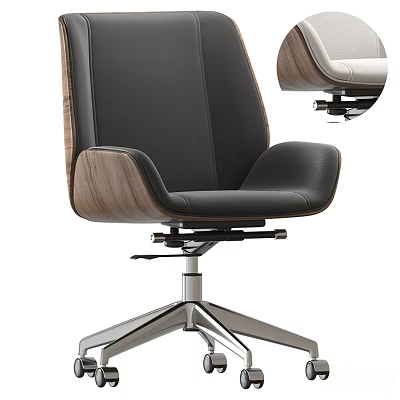 Modern Black Leather Office Chair With Wooden Armrests And Metal Base 3d model