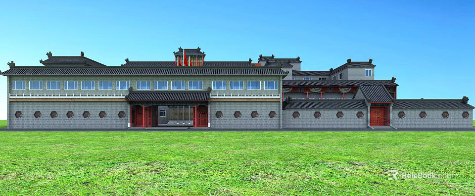 Ancient Chinese Architecture With Traditional Tiled Roof Red Pillars And Green Lawn 3d model 