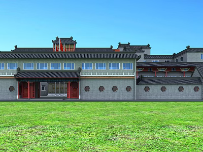 Ancient Chinese Architecture With Traditional Tiled Roof Red Pillars And Green Lawn 3d model