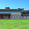 Ancient Chinese Architecture With Traditional Tiled Roof Red Pillars And Green Lawn