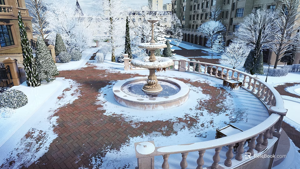 Scenic Snowy Courtyard Landscape With Central Fountain Brick Ground Railing And Snow Covered Trees 3d model 