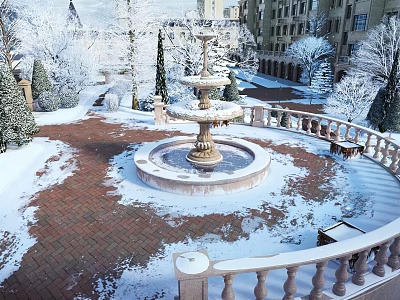 Scenic Snowy Courtyard Landscape With Central Fountain Brick Ground Railing And Snow Covered Trees 3d model