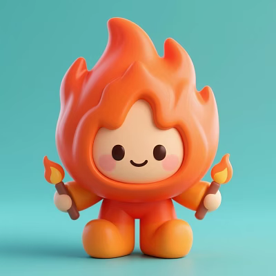 Cute Orange Flame Shaped Doll With Smiling Face Holding Torches On Light Blue Background 3d model