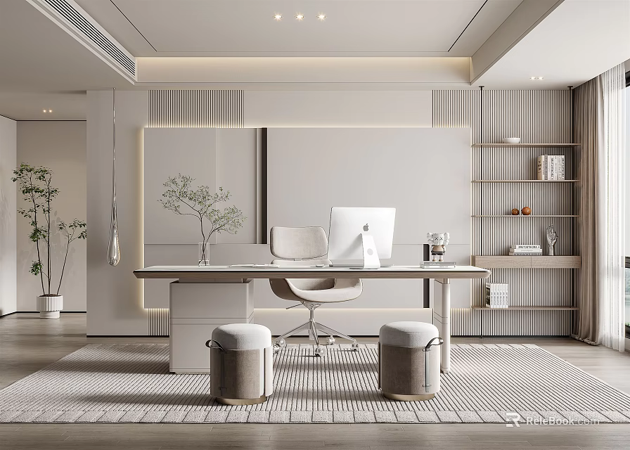 Modern Study Room Interior Design With Wooden Desk Computer Chair Bookshelf Plant And Neutral Rug 3d model 