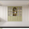 Light Green Bookcase With Glass Doors And Drawers Against Light Colored Walls