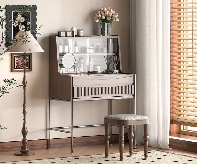 Modern Dressing Table with Glass Cabinet Skincare Bottles Floral Vase and Stool by Window 3d model 