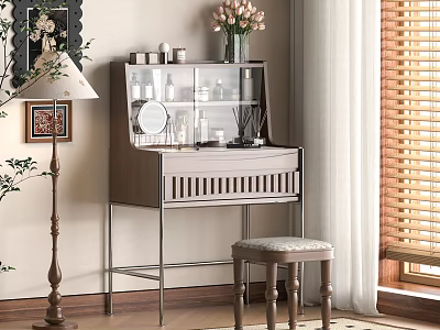 Modern Dressing Table with Glass Cabinet Skincare Bottles Floral Vase and Stool by Window 3d model