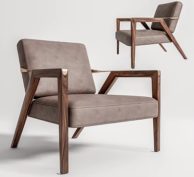 Modern Minimalist Single Seater Sofa With Gray Leather Upholstery And Walnut Wooden Frame 3d model