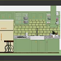 Green Kitchen Interior With White Countertop Island Refrigerator Red Wooden Floor And Cabinets