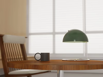 Cozy Home Corner With Wooden Round Table Black Mug Green Lamp And Chair 3d model