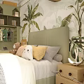 Kids Bed in Tropical Children's Room with Plant Wallpaper Stuffed Toys Circular Clock and Skateboard