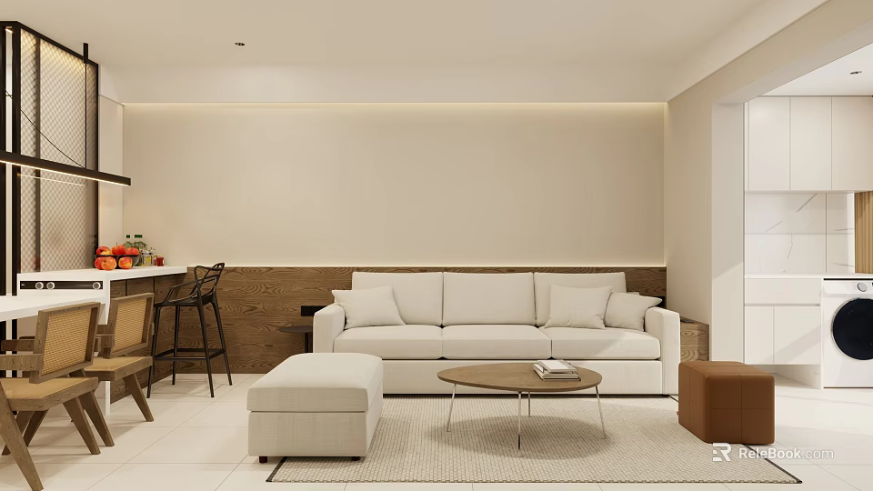 Modern Living And Dining Room Interior With White Sofa Coffee Table Bar Counter And Stools 3d model 