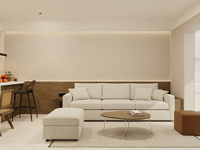Modern Living And Dining Room Interior With White Sofa Coffee Table Bar Counter And Stools 3d model