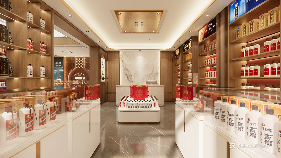 Elegant Tobacco and Liquor Store Interior With Display Shelves Red Gift Boxes And Products 3d model 