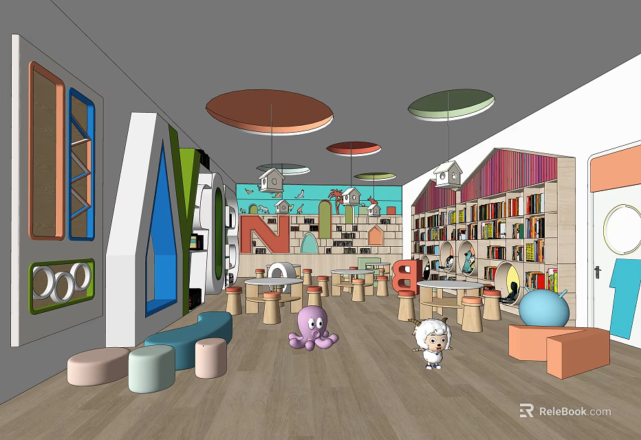 Colorful Kindergarten Interior with Bookshelves Playful Toys and Seating Areas 3d model 